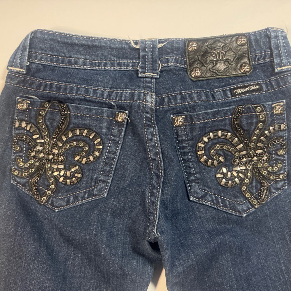 Y2k Miss Me Jeans Womens 26 X 34 Straight Dark Wash Embellished Bling Low Rise